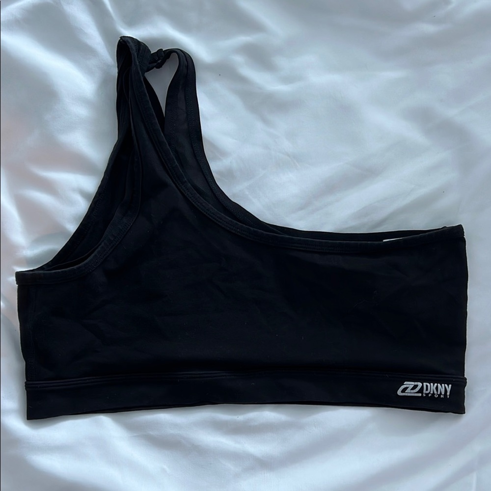 DKNY Women's Black Asymmetrical Sports Bra with mesh underlay - Size M/L